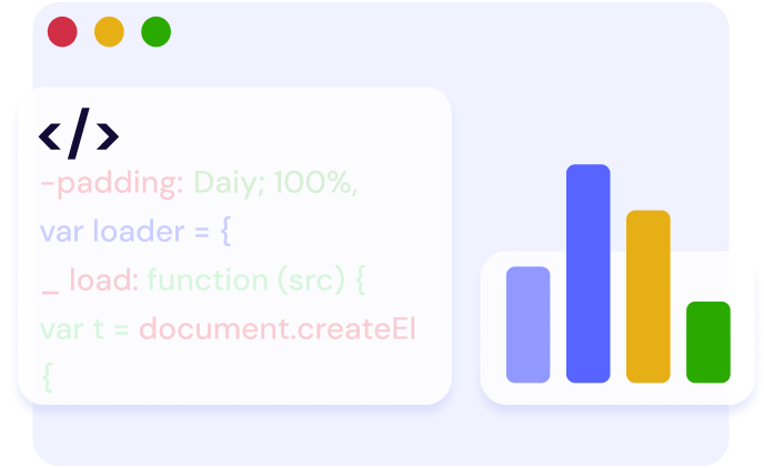 Code editor with analytics bar charts